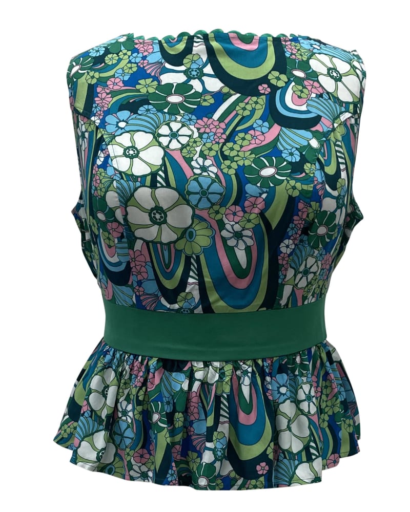 Front of a size L Unique Vintage Teal Psychedelic Floral Honeybun Top in Green by Unique Vintage. | dia_product_style_image_id:292715